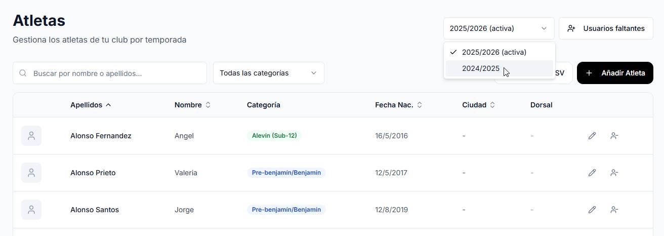 Tabla de atletas con filtros